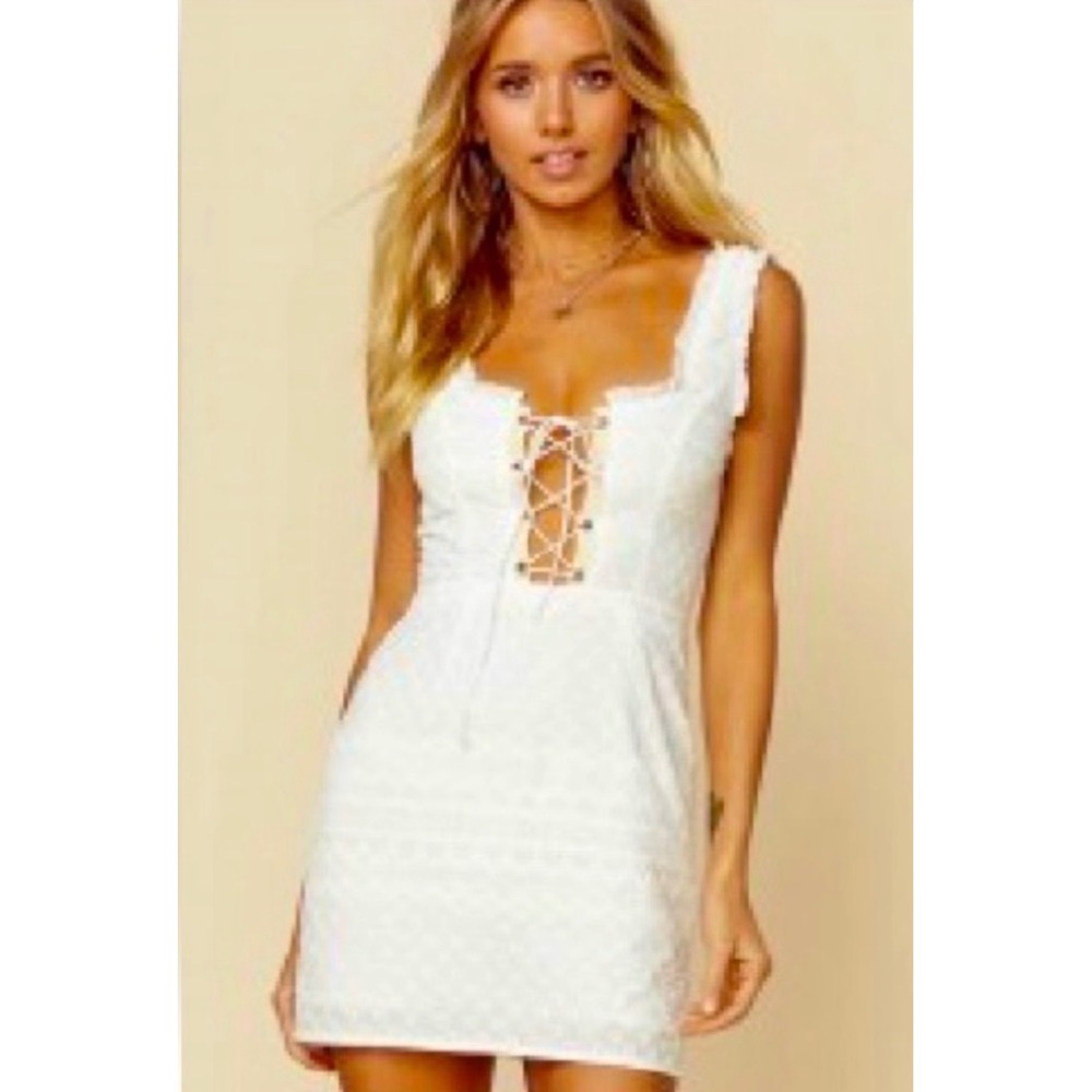 For Love & Lemons Charlotte Eyelet Lace Up Mini‎ Dress Womens XS White Milkmaid - Picture 2 of 13